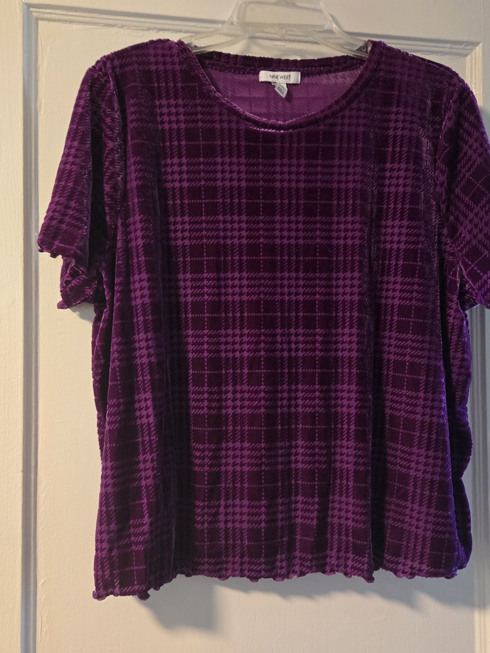 Nine West Purple Plaid Velvet Short Sleeve Tee